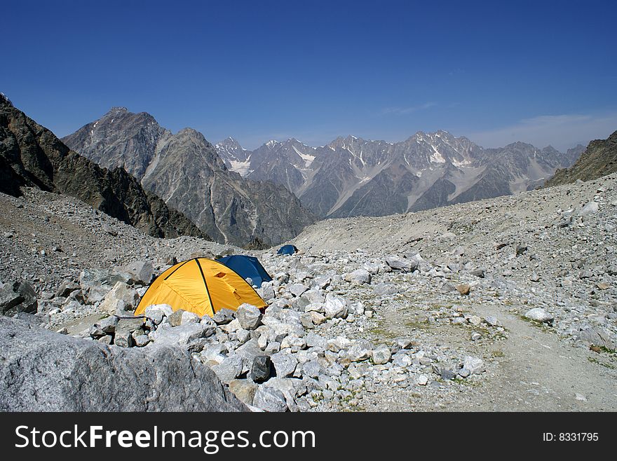 Camp of climbers in mountains of caucasus. The place is called - the Warm corner. Camp of climbers in mountains of caucasus. The place is called - the Warm corner