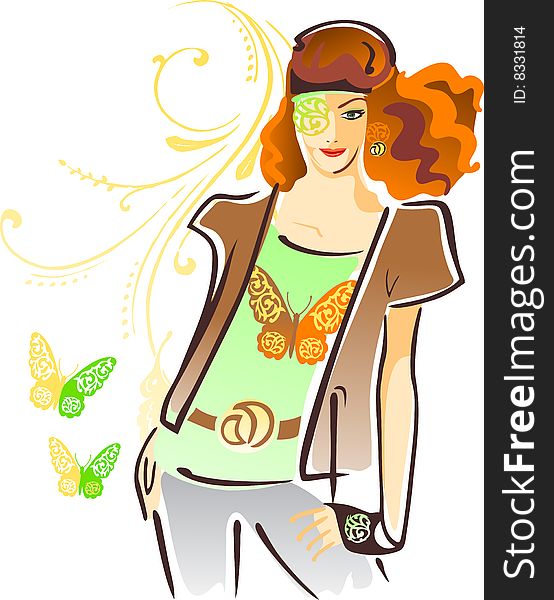 Vector illustration of fashionable woman decorated butterflies on white background
