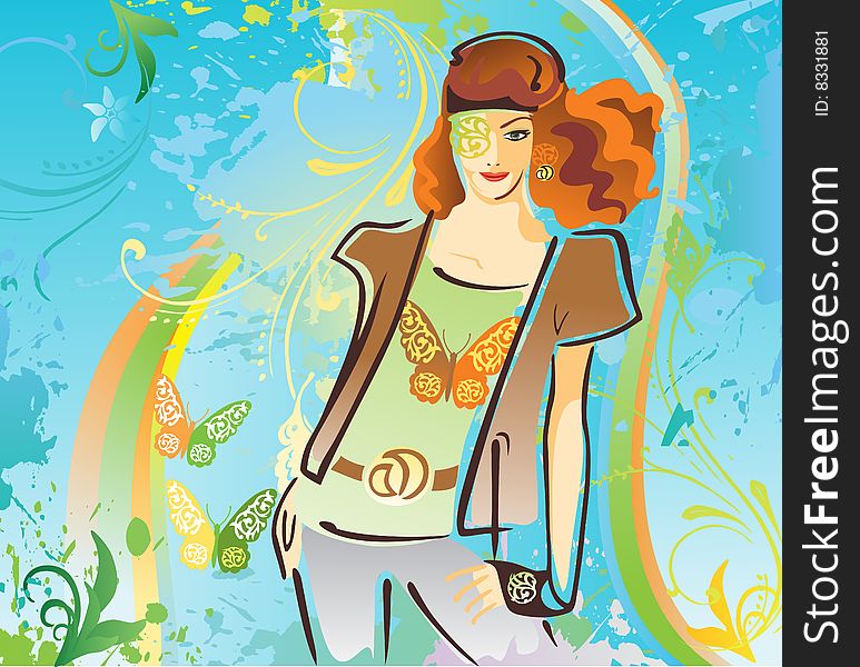 Vector illustration of fashionable woman decorated butterflies on grunge background. Vector illustration of fashionable woman decorated butterflies on grunge background