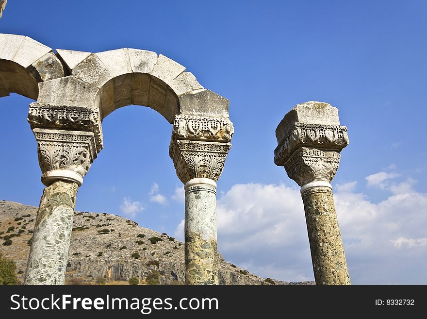Ancient Greek pillars on Fillipous area archaeological site in North Greece
