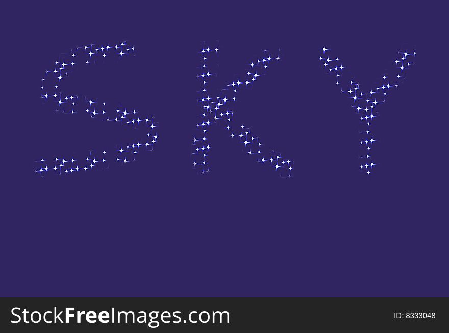 Th word SKY written with sparkling stars on deep blue background. Th word SKY written with sparkling stars on deep blue background.