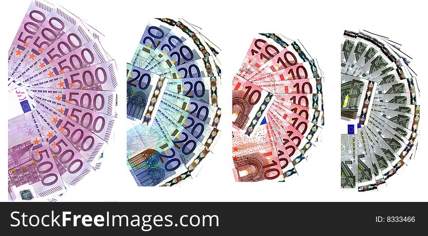 Four range of euro banknotes. Four range of euro banknotes