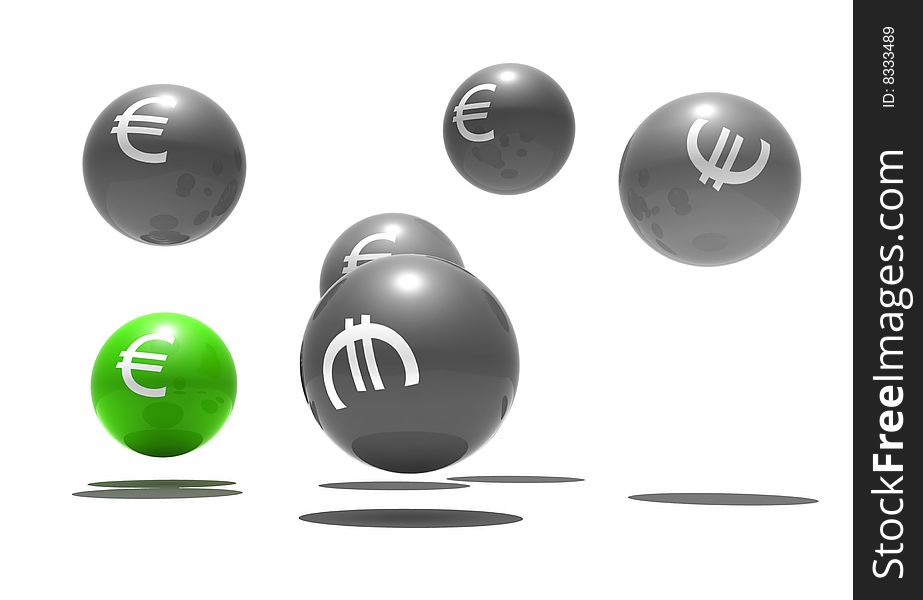 Isolated spheres with euro symbol - outsider - 3d render