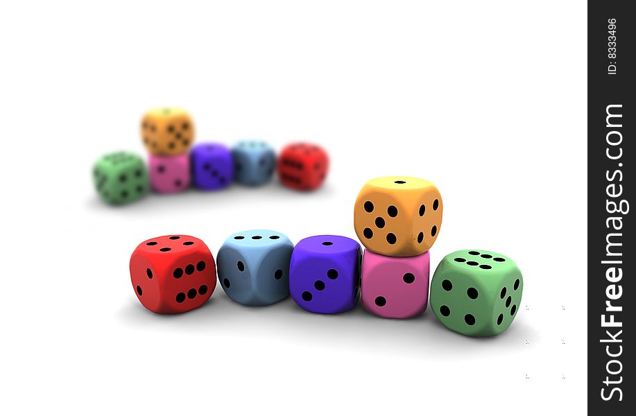 Isolated dices on white background - 3d render illustration - shallow focus