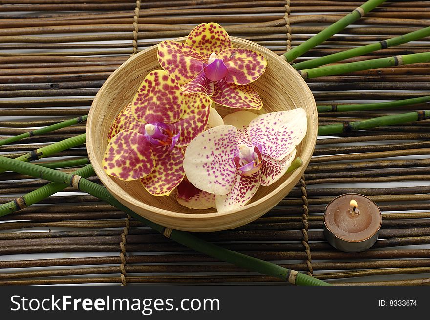 Beautiful orchid in brown bowl with candle ,bamboo on mat. Beautiful orchid in brown bowl with candle ,bamboo on mat