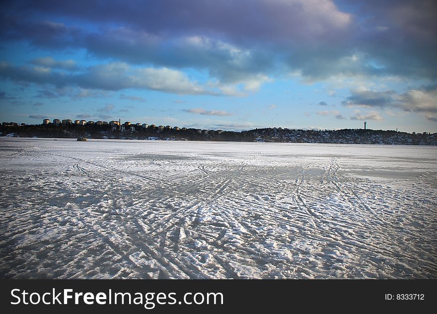 A frozen lake during the winter. A frozen lake during the winter.