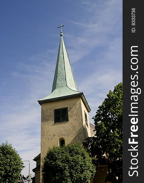 Spire of church in Godollo, Hungary, Central Europe. Spire of church in Godollo, Hungary, Central Europe