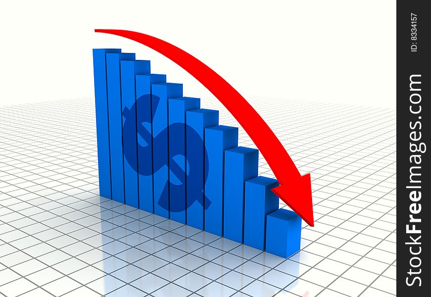 XXL 3D render of a bar graph with a falling red arrow and a dollar symbol. XXL 3D render of a bar graph with a falling red arrow and a dollar symbol
