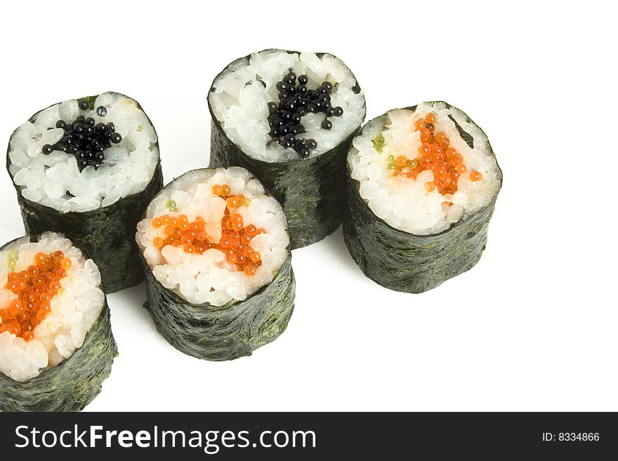 Sushi rolls with caviar and salmon are isolated on the white background