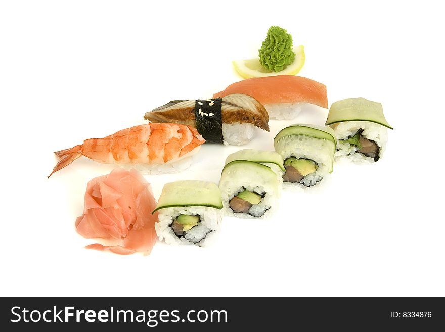 Sushi assortment isolated on the white background. Sushi assortment isolated on the white background