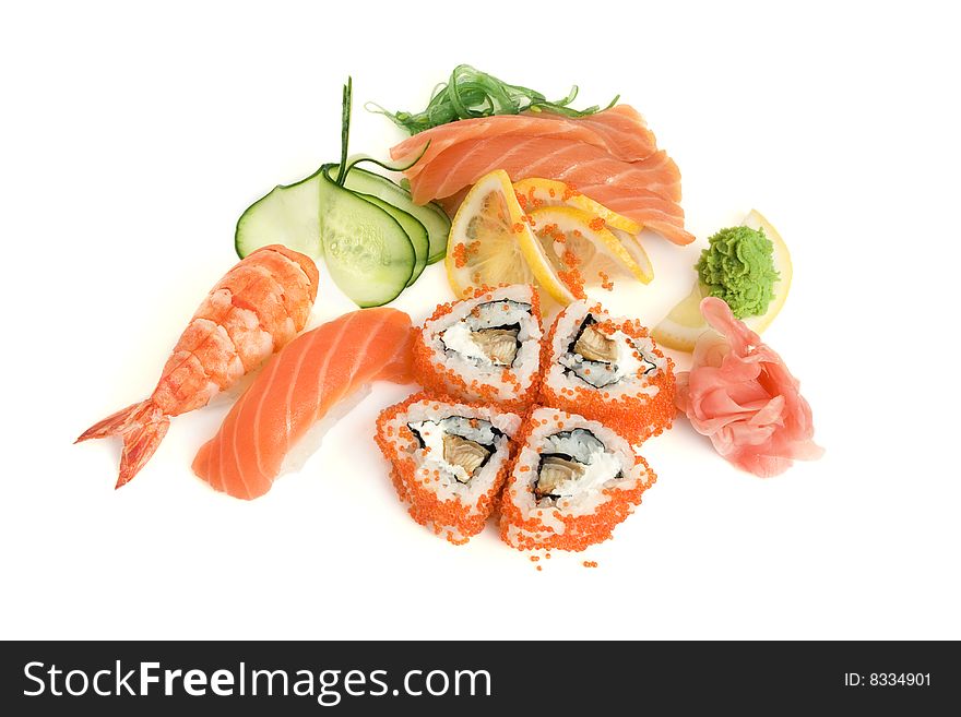 Sushi assortment isolated on the white background. Sushi assortment isolated on the white background