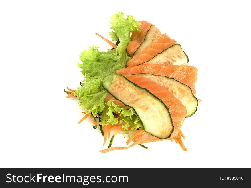 Salmon sashimi with carrots and cucumber isolated on the white