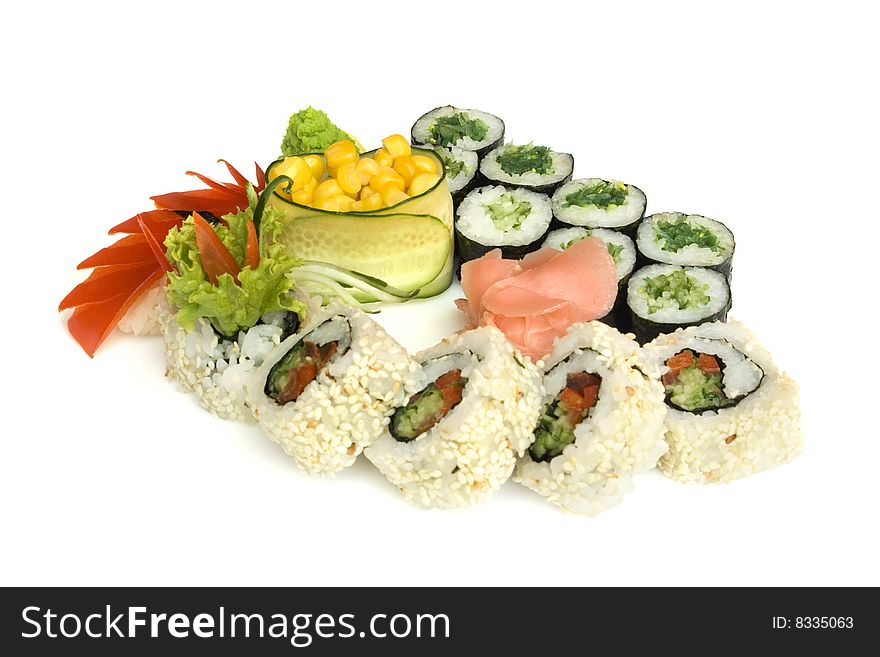 Assortment of sushi isolated on white background