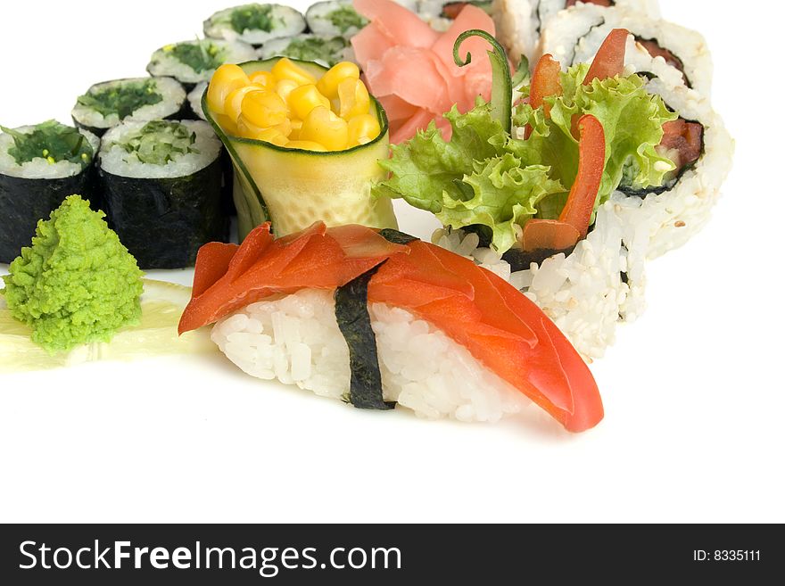 Assortment of sushi isolated on white background