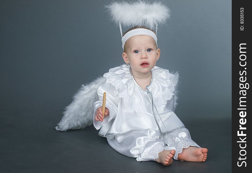 Baby angel girl with fluffy wings, studio shot