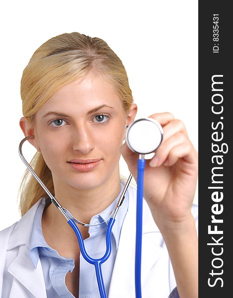 Woman Doctor Holding Stethoscope with focus on face