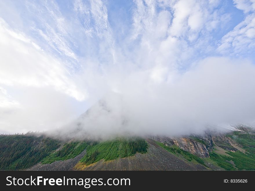 Cloud covered mountain near Lake Louise, Canada