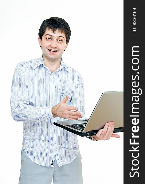 Young businessman in casual suit with laptop. Young businessman in casual suit with laptop