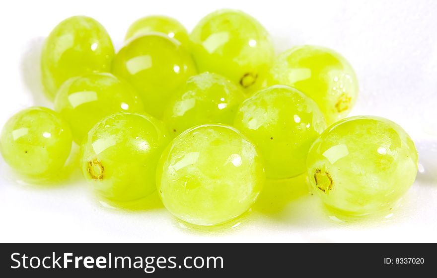 Wet white grapes on white ground