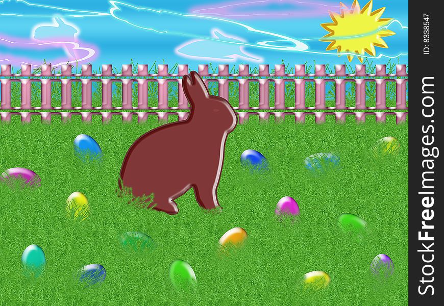 Easter bunny near eggs on green grass