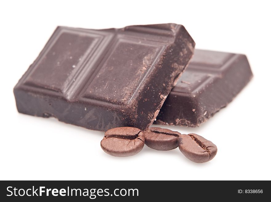 Chocolate and coffee on a white background. Chocolate and coffee on a white background