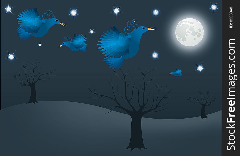 Blue fabulous birds to flying night-time landscape, the scene moonshine. Blue fabulous birds to flying night-time landscape, the scene moonshine