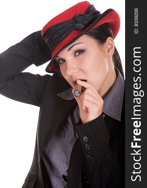 Attractive brunette woman with cigar. over white background