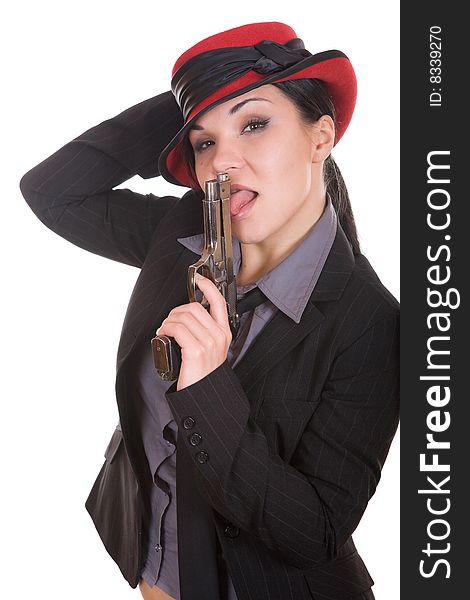 Attractive brunette woman with gun. over white background