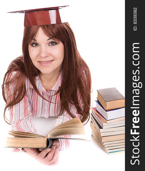 Attractive student with books . over white background
