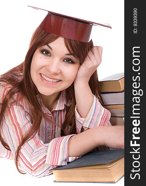 Attractive student with books . over white background