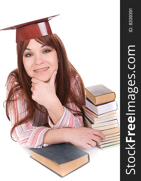 Attractive student with books . over white background