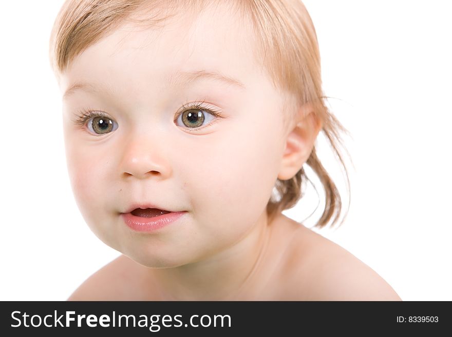 Sweet and happy baby girl. over white background