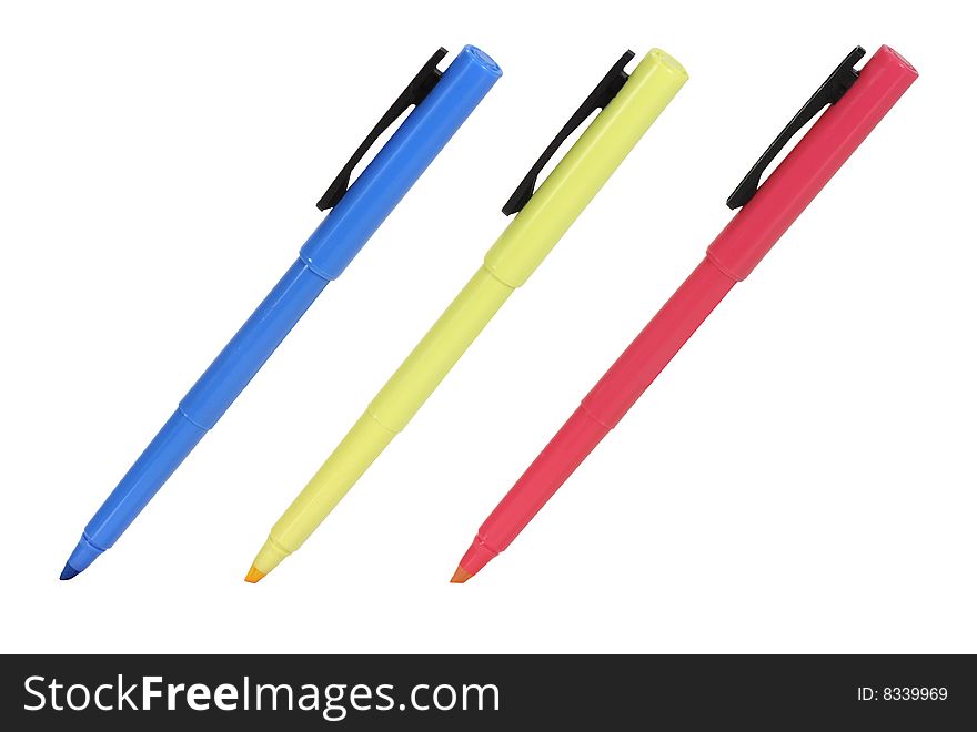 Blue yellow red highlighters isolated on white