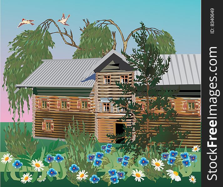 Illustration with village house and flowers