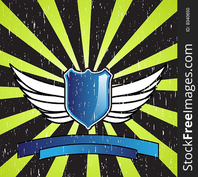 Blue shield design with wings on an interesting background with grunge