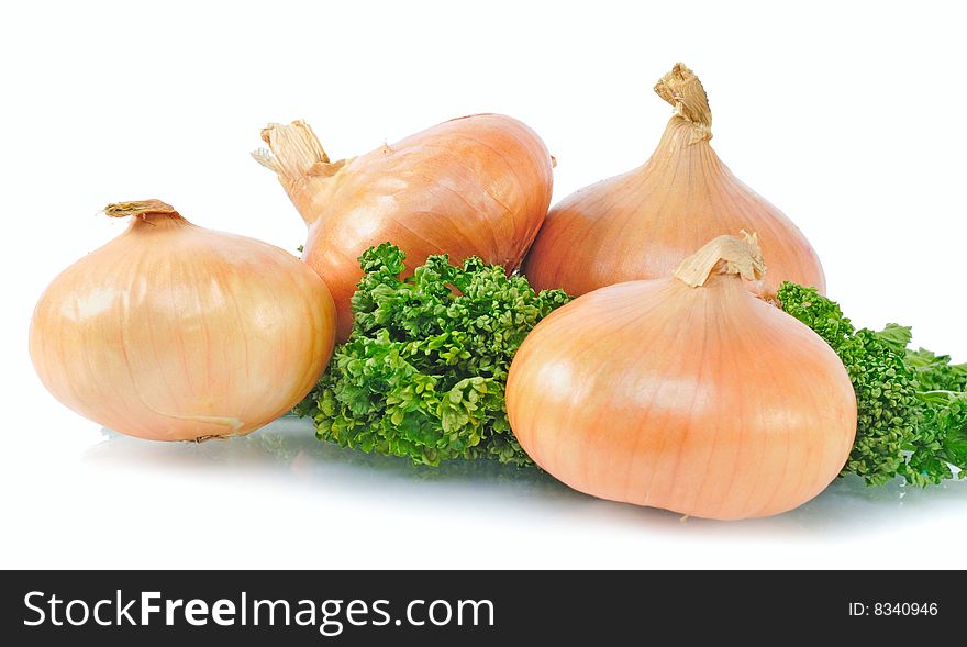 Four onions with parsley; isolated on white