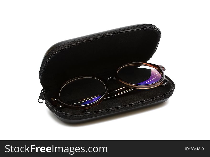 Glasses in case against a white background. Glasses in case against a white background