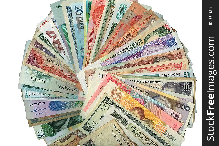 Currencies from around the world, paper banknotes.