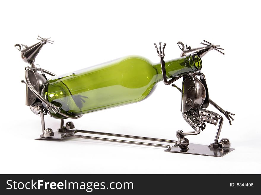 Hand made rat wine caddy with an empty green wine bottle. Hand made rat wine caddy with an empty green wine bottle.