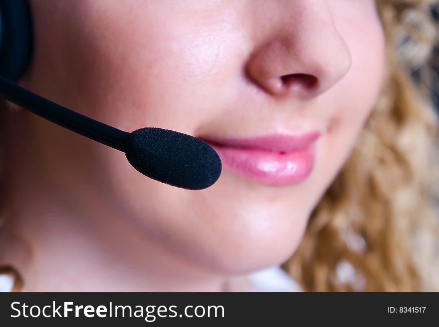 The employee of the call center on a white background