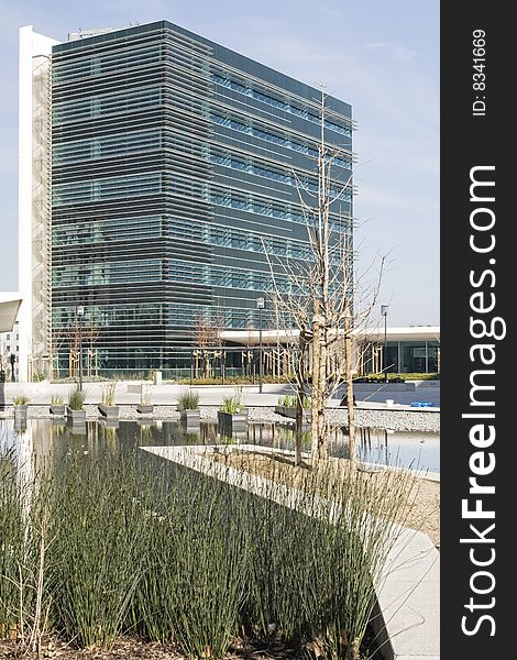 Modern office building on a background of blue sky