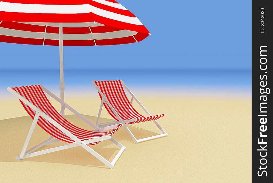 Chaises longue and umbrella on the beach