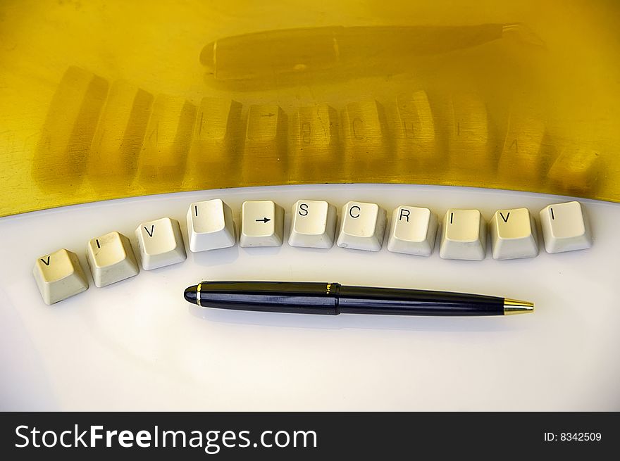 Pen and keyboard keys on a white and yellow background. Pen and keyboard keys on a white and yellow background