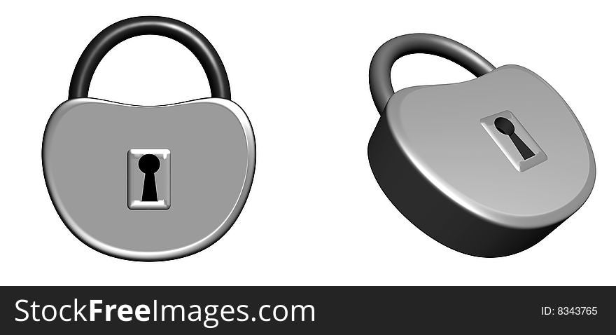 Two metal padlock isolated on white - two projections