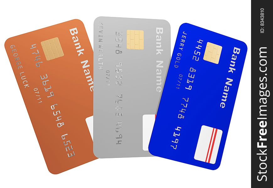 3d three colored plastic credit cards