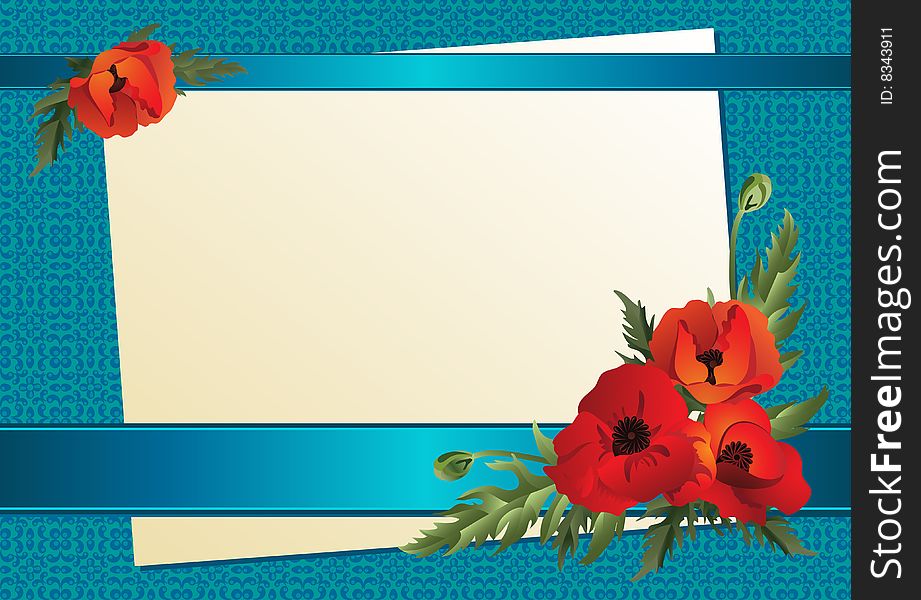 A sheet of paper with ribbons and poppies on a background of blue. Vector illustration. A sheet of paper with ribbons and poppies on a background of blue. Vector illustration.