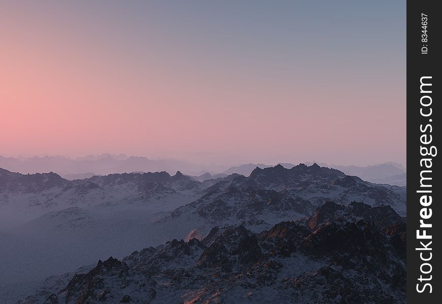 3d render of a snow covered mountain range on sunset. 3d render of a snow covered mountain range on sunset