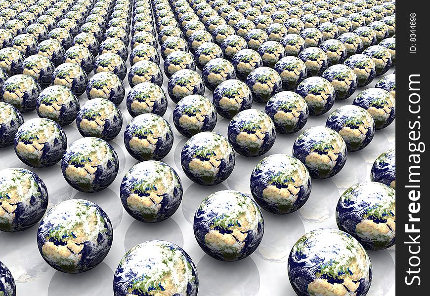 3d render of regularily arranged earth globes. 3d render of regularily arranged earth globes