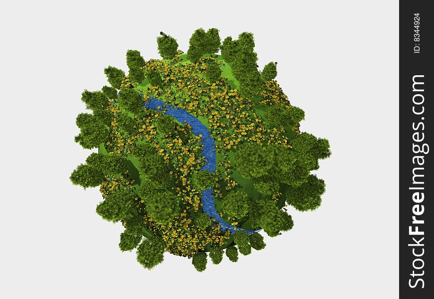 3d render of a miniature planet with trees, river and flowers