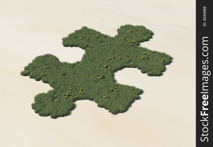 3d render of a puzzle piece shaped oasis in the desert